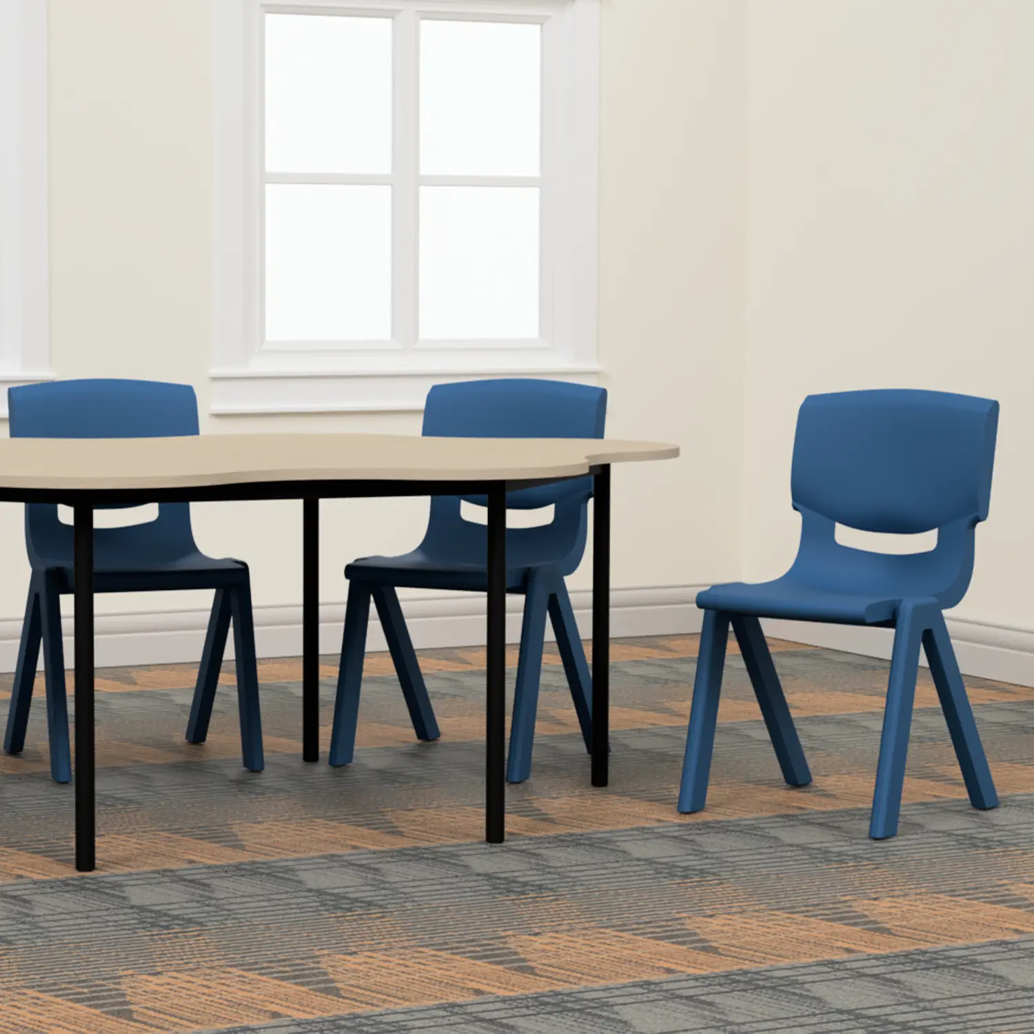 blue plastic students chairs in a classroom